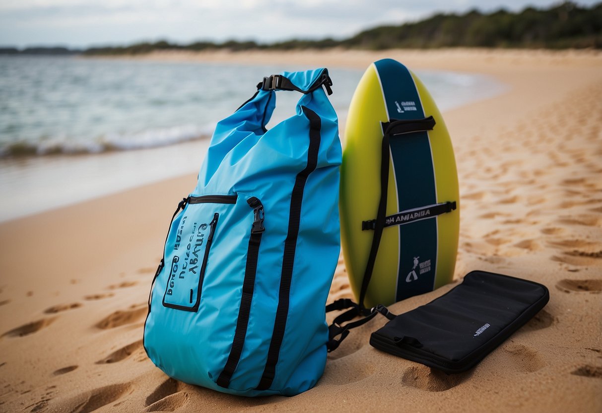 A bright blue Aqua Marina Dry Bag 20L sits on a sandy beach, with a paddleboard and calm waters in the background