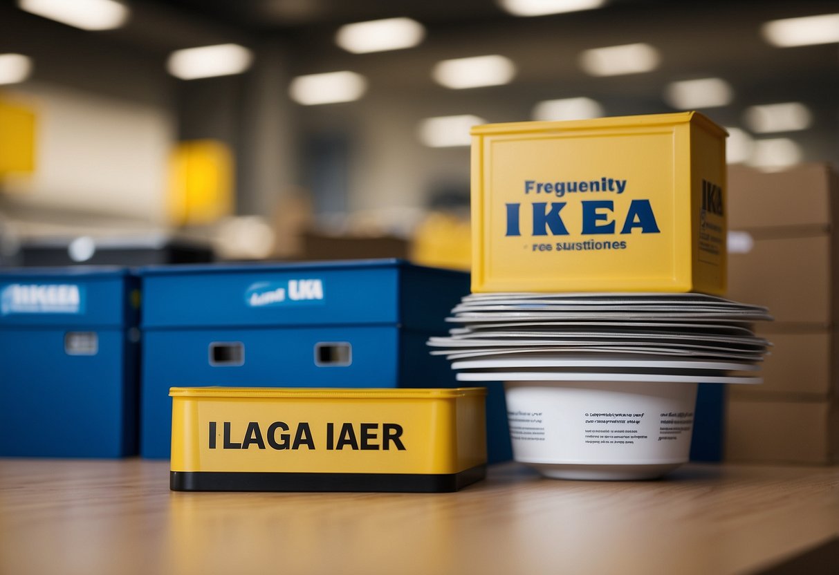 A stack of IKEA furniture with a sign reading "Frequently Asked Questions" next to a donation box