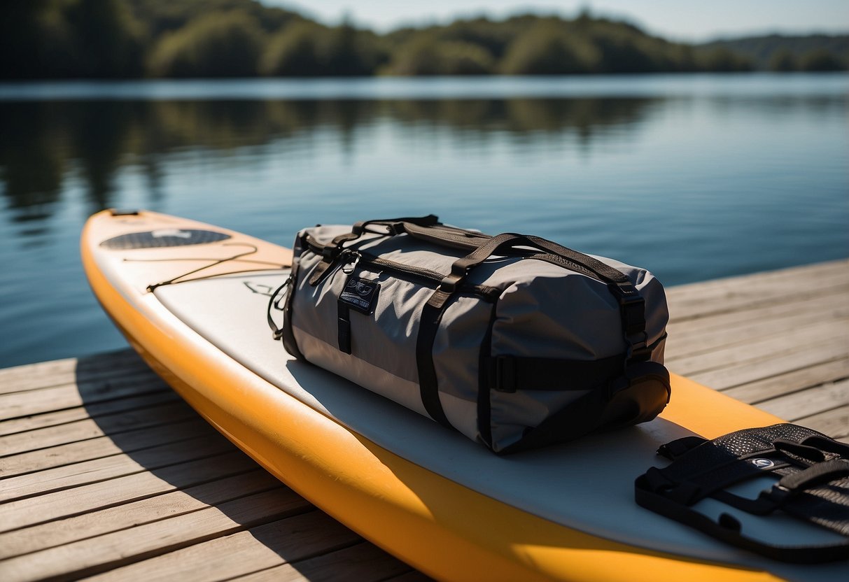 A paddleboard deck bag sits on a paddleboard, filled with lightweight gear. The bag is secured to the board with straps, ready for a day of paddleboarding