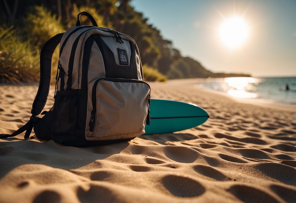 A backpack sits on a sandy beach, with a paddleboard leaning against it. The sun shines overhead, casting a warm glow on the scene