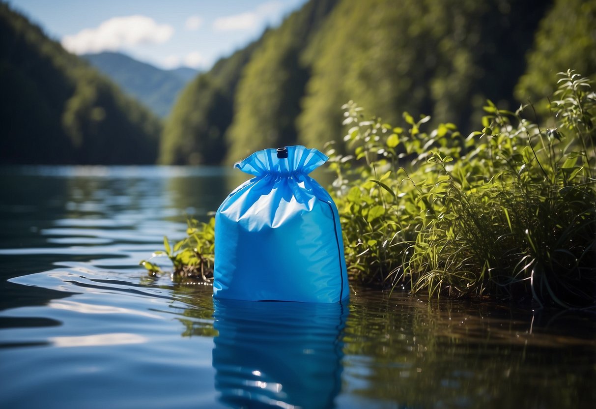 A bright blue NRS Ether HydroLock Dry Bag floats on calm water, surrounded by lush greenery and a clear blue sky