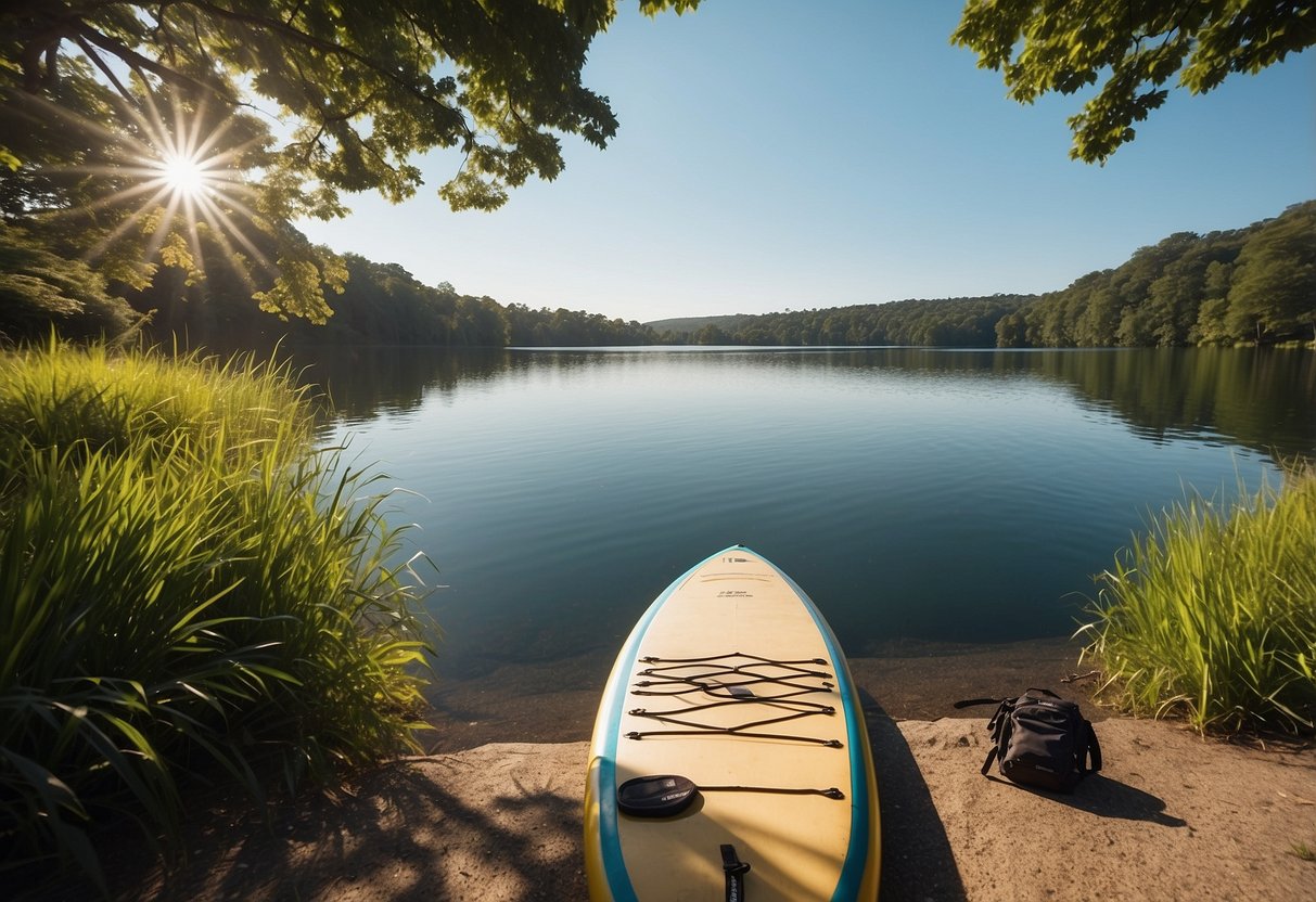 A serene lake with a paddleboard, lightweight pack, and essential gear laid out on the shore, surrounded by lush greenery and a clear blue sky