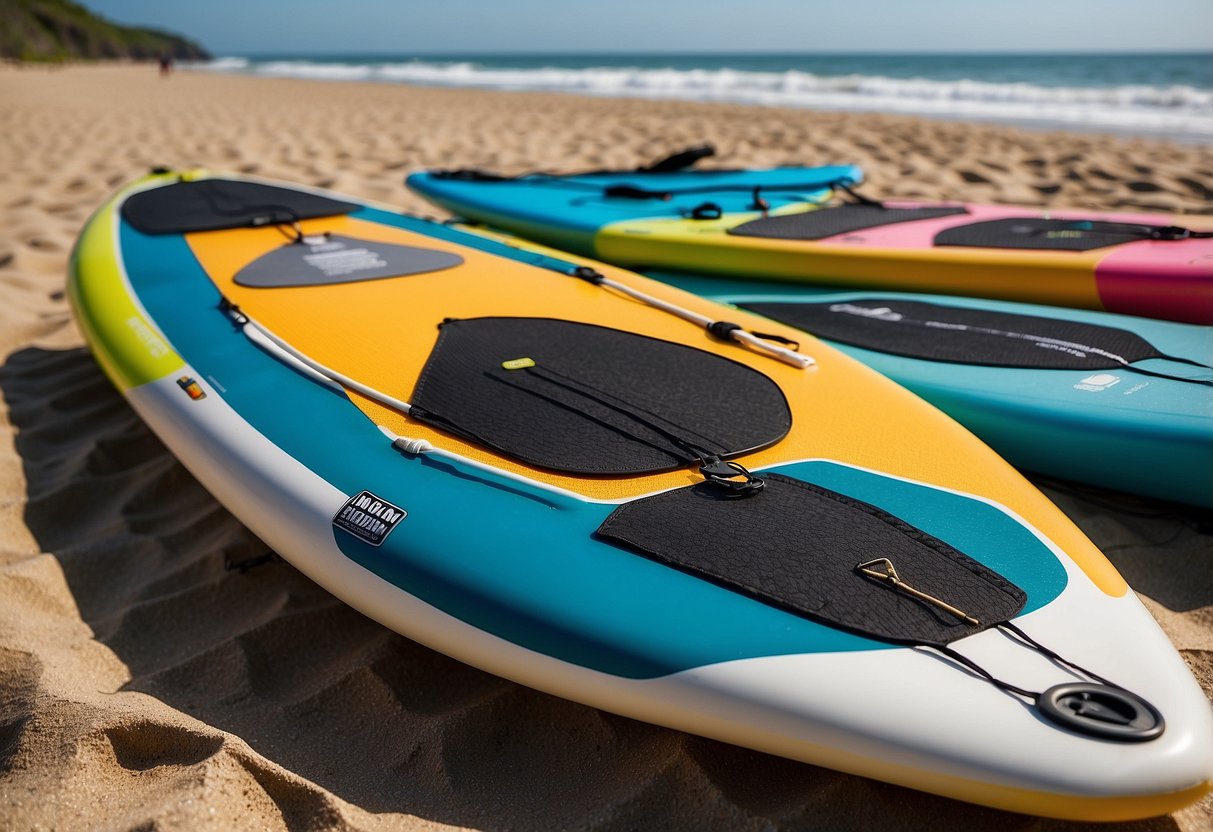 A collection of 10 lightweight paddleboarding packs laid out on a sandy beach, with various sizes and colors to choose from