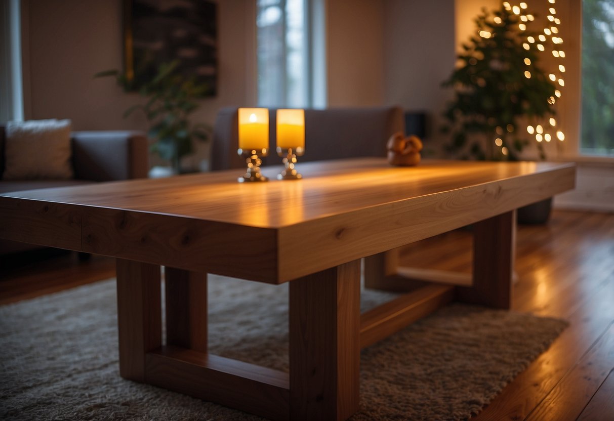 A wooden table gleams with a non-silicone furniture polish, reflecting the soft glow of ambient light in a cozy living room