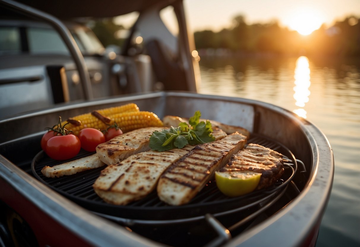 A boat rocking gently on the water, with a small grill sizzling as it cooks up a delicious meal. A cooler sits nearby, stocked with fresh ingredients, and the sun sets in the background