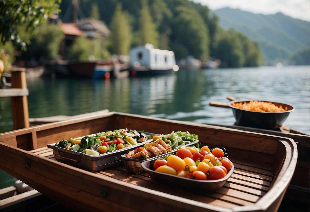 A wooden boat on calm water, with a small grill sizzling and smoke rising. Fresh vegetables and seafood are neatly arranged on a nearby table