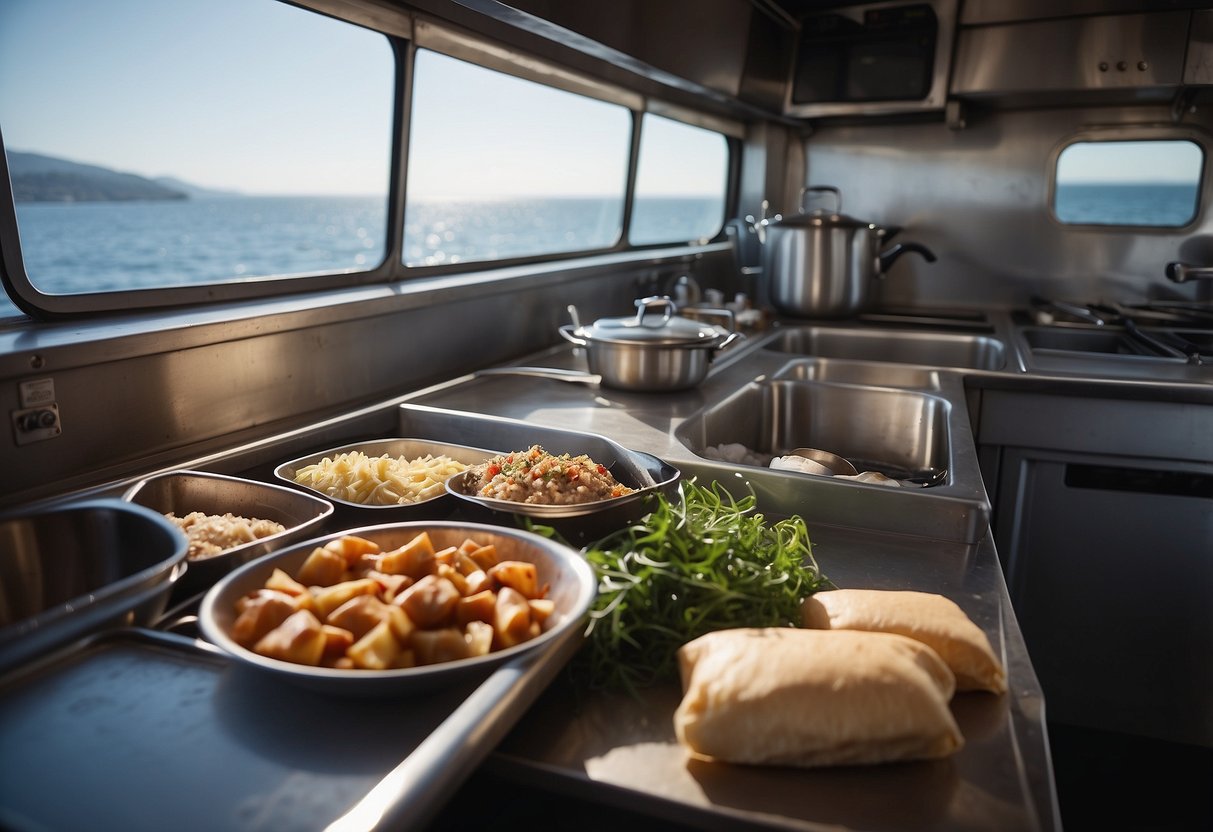 A boat kitchen with pre-packaged meal ingredients, cooking utensils, and a scenic view of the water