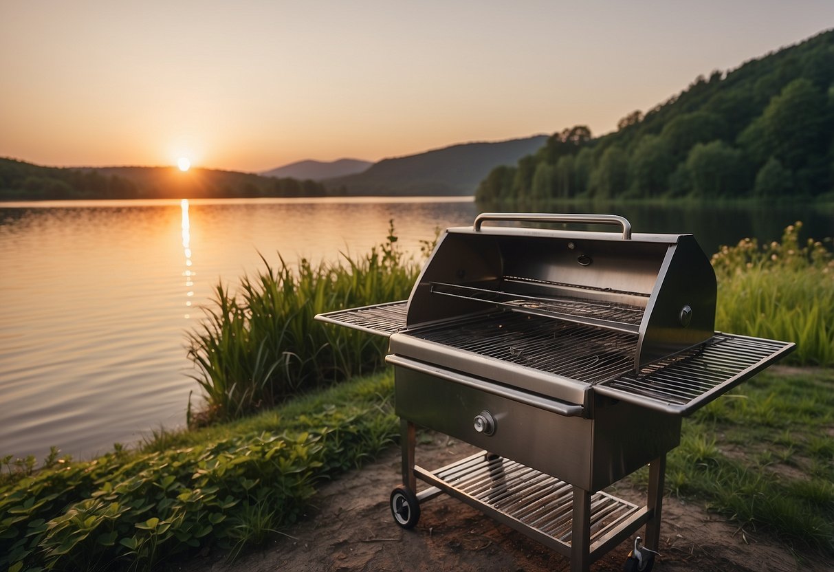 A sleek stainless steel grill sits on the edge of a calm lake, surrounded by lush greenery. Smoke rises from the sizzling grill, as the sun sets on the horizon