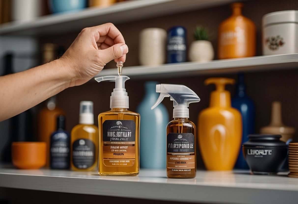 A hand reaches for a bottle of non-silicone furniture polish on a shelf, surrounded by various furniture pieces and decor