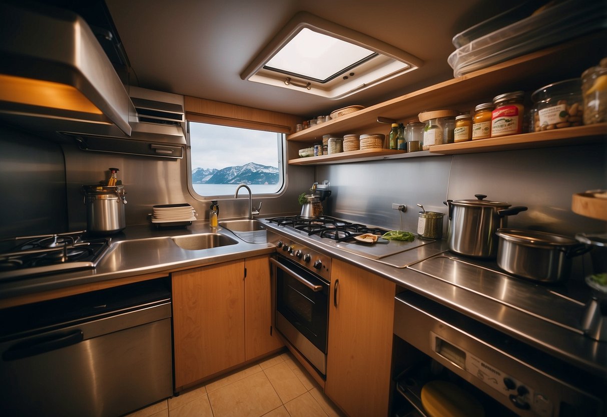 A boat kitchen with shelves stocked with a variety of non-perishable goods and cooking essentials. A small stove and compact storage solutions optimize the limited space