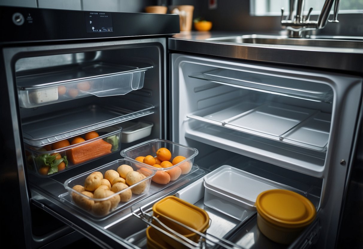 A boat kitchen with labeled food storage containers, a secure refrigerator, and non-slip surfaces for cooking. Utensils and cookware are stowed away safely