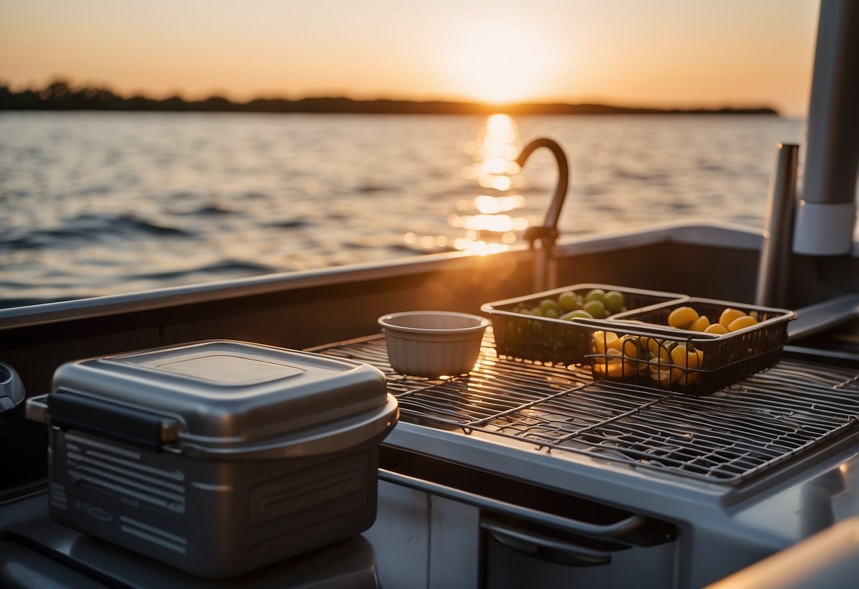 A boat deck with a grill, cooler, and various sealable containers for food prep and storage. Waves gently rock the vessel as the sun sets over the water