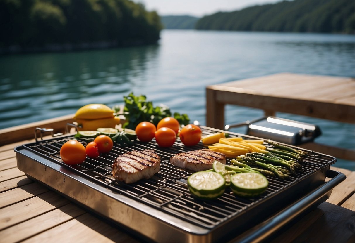 A boat deck with a grill, cooler, and cooking utensils. The sun is shining, and there are calm waters in the background