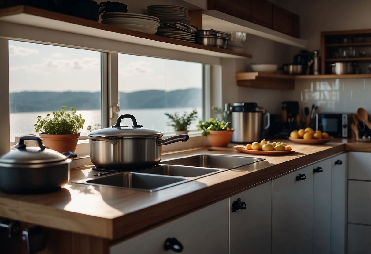 A boat kitchen with pots, pans, and utensils secured for cooking. Ingredients and meal plans organized on a counter. Water and sky visible through a window