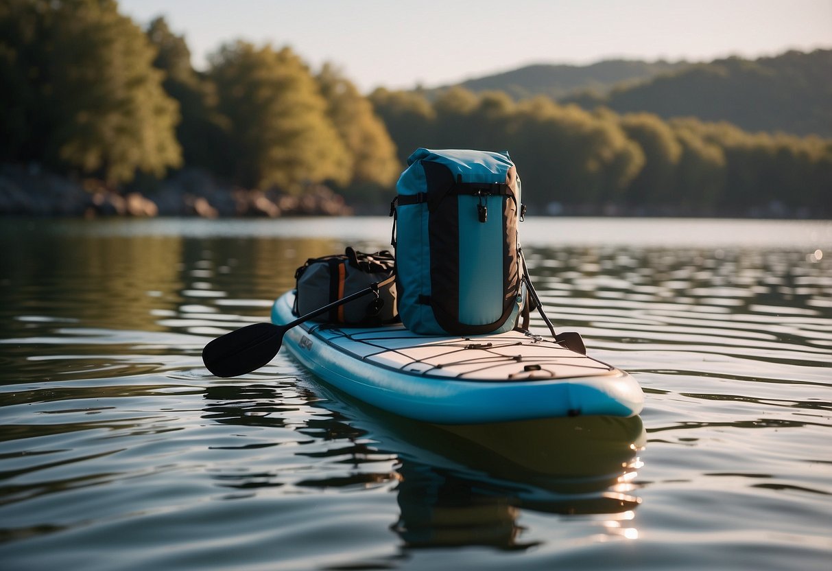 A paddleboard floats on calm water, with a cooler secured to the front. Airtight containers are stacked neatly behind it, while a mesh bag filled with dry goods hangs from the side. A small portable fridge sits on the back of the board