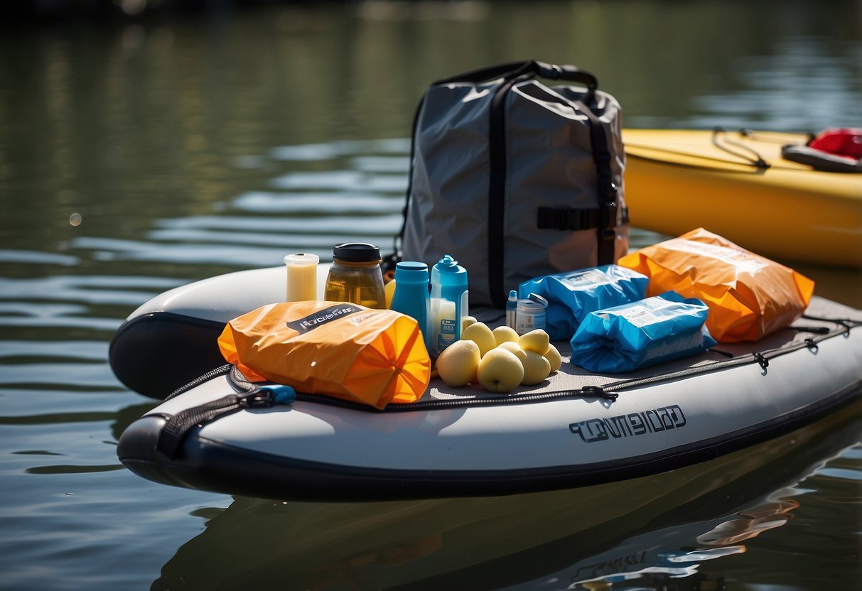 A dry bag with waterproof zippers sits on a paddleboard, filled with neatly packed food items. The bag is securely fastened to the board, ready for a day of paddling