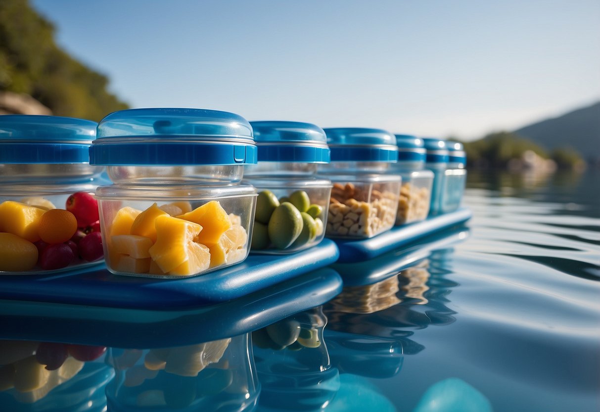 Food stored in vacuum-sealed containers on a paddleboard, surrounded by calm water and a clear blue sky