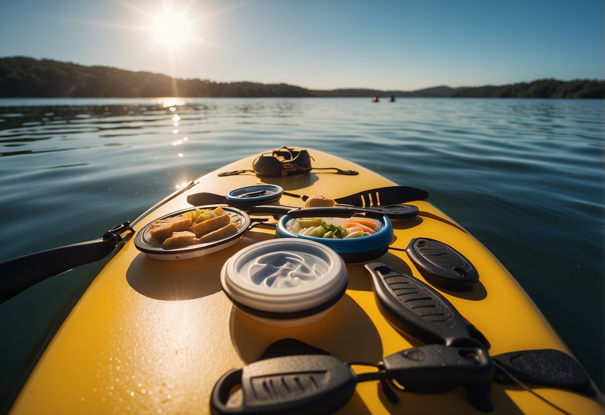 A paddleboard floats on calm water, with Collapsible Silicone Food Containers neatly stacked and secured on the board. The sun shines brightly in the sky, casting a warm glow on the scene