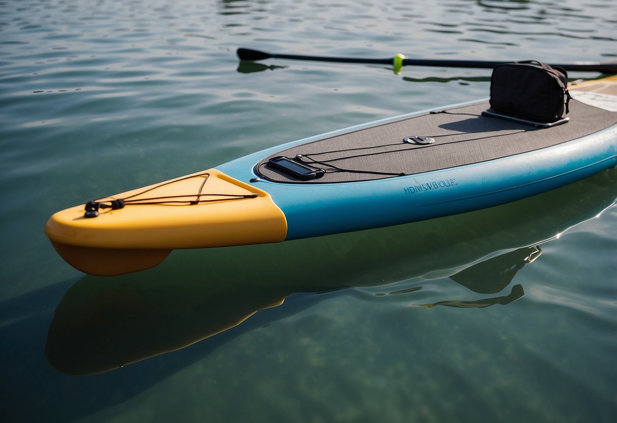 A paddleboard floats on calm water with a cooler securely strapped to the front. Inside, food is organized in airtight containers and sealed bags, protected from the elements and ready for a day of adventure