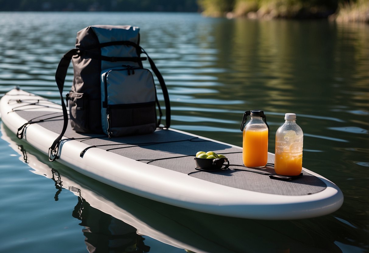 A paddleboard floats on calm water, with a cooler secured to the front and a waterproof bag strapped to the back. Airtight containers and mesh bags hold food items, while bungee cords keep everything in place