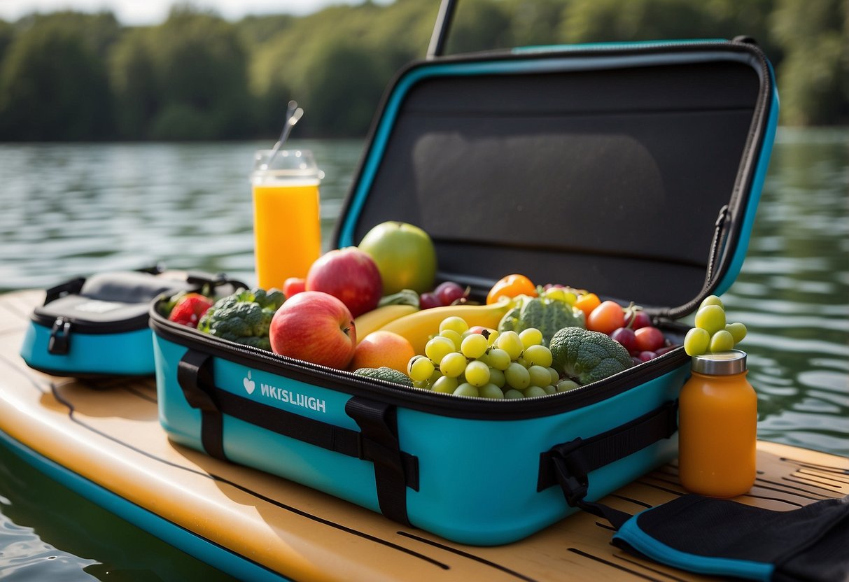 Food stored in waterproof containers on paddleboard. Cooler secured with bungee cords. Dry bags for non-perishables. Insulated lunch bag for perishables. Mesh bag for fruit and veggies