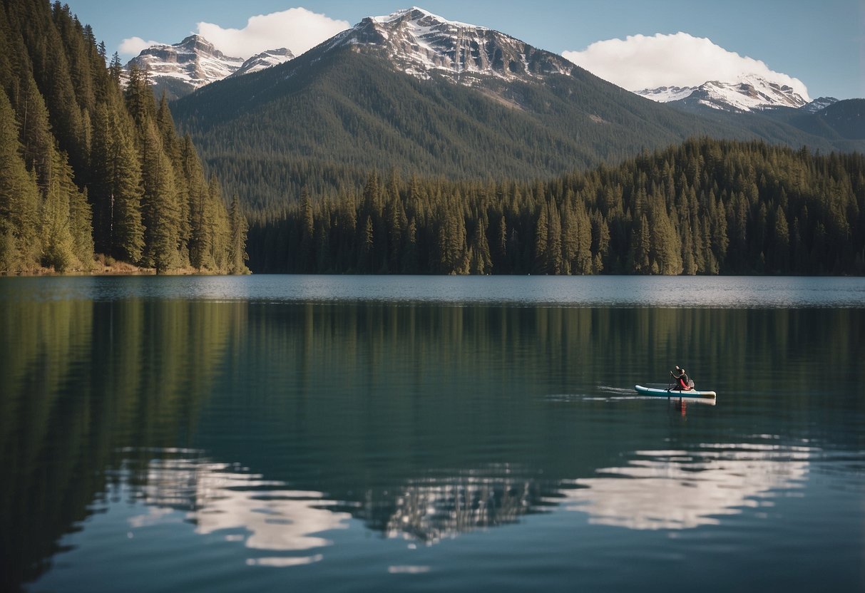 Paddleboard gliding on calm lake, surrounded by lush forest and snow-capped mountains in the distance. Wildlife may be seen along the shoreline