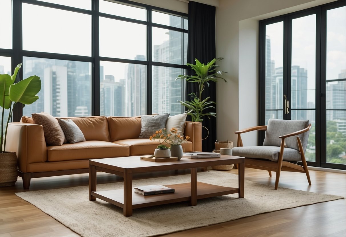 A modern living room with NTUC furniture, featuring a sleek sofa, coffee table, and bookshelf. Bright natural light streams in through large windows, casting a warm glow on the stylish decor