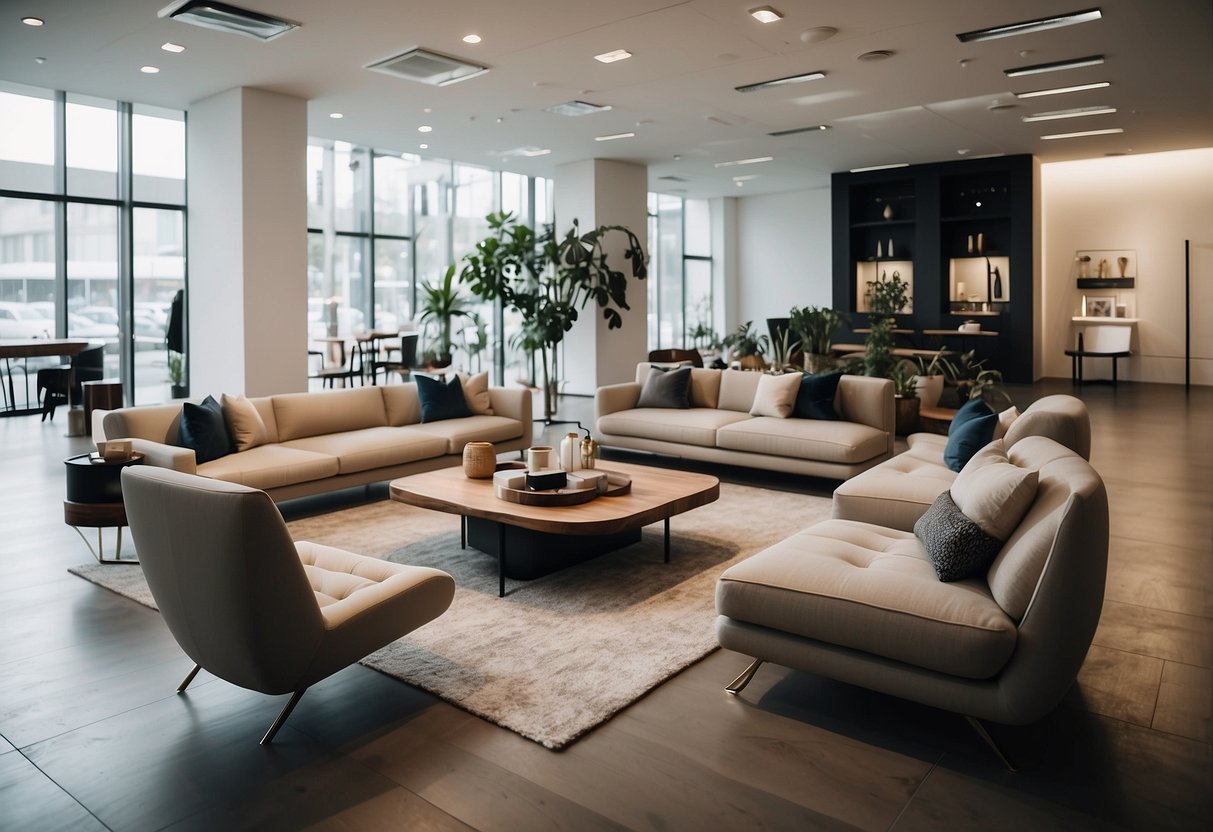 A bright, spacious showroom with modern furniture displays. Clean lines, neutral colors, and a variety of styles and designs
