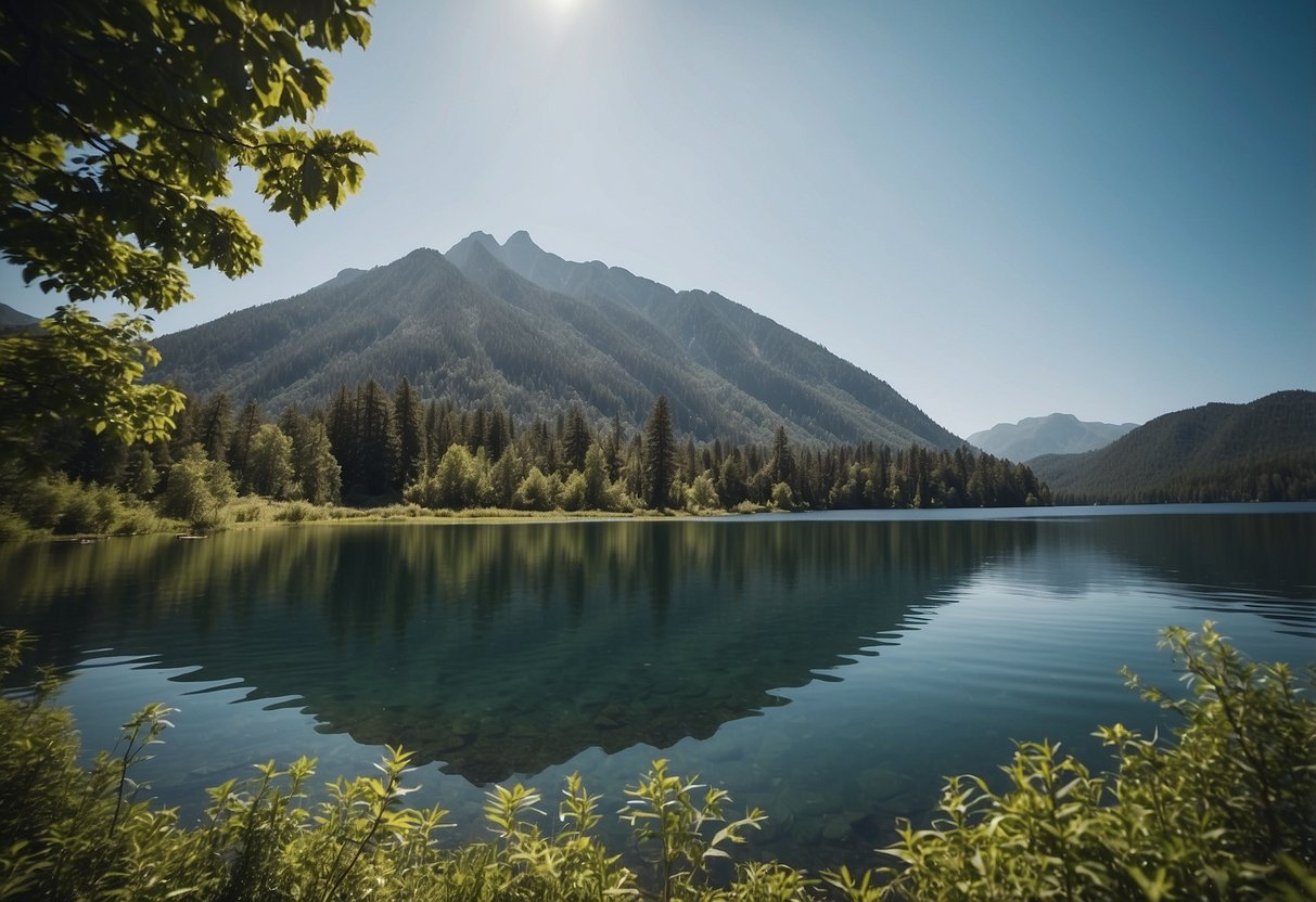 A serene lake surrounded by lush greenery, with calm waters reflecting the clear blue sky. Mountains in the distance create a picturesque backdrop for paddleboarding