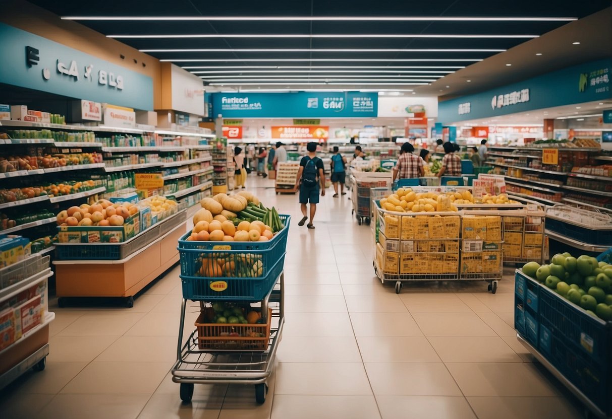 A bustling NTUC FairPrice store with colorful aisles of groceries and household items, customers browsing and pushing carts