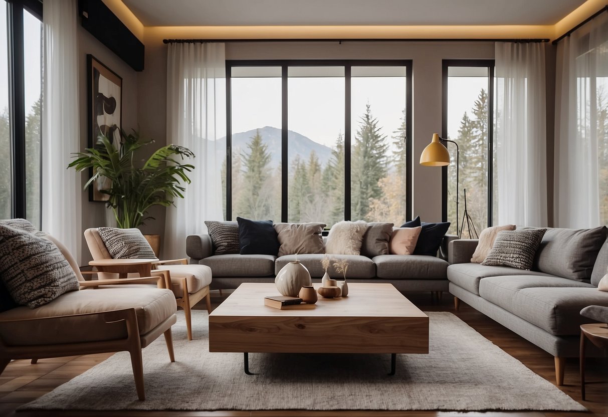 A cozy living room with a modern sofa, wooden coffee table, and stylish floor lamp. The walls are adorned with framed artwork and shelves filled with decorative items