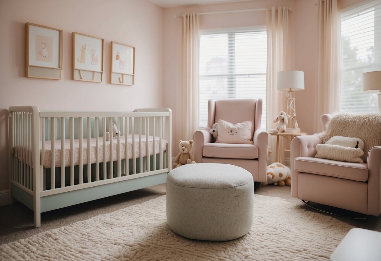 A nursery with a crib, changing table, and rocking chair. Soft, pastel colors and cute animal prints adorn the furniture sets