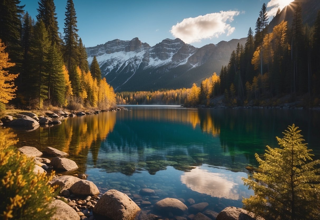 Crystal clear lakes reflecting snow-capped mountains. Lush forests lining peaceful rivers. Vibrant fall foliage along winding waterways. Rocky coastlines meeting the ocean. A serene sunrise over calm waters