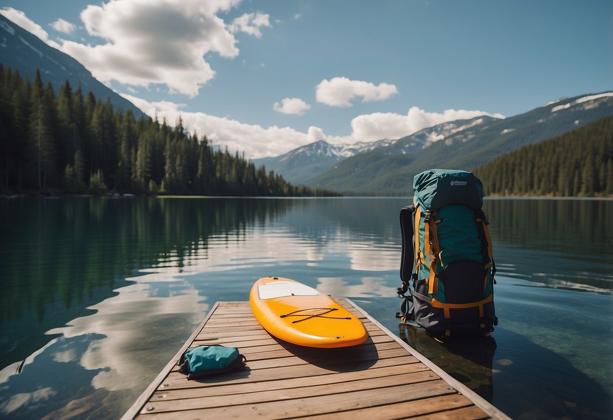 A paddleboard, paddle, life jacket, and waterproof bag lay on a dock overlooking a serene lake surrounded by lush forests and snow-capped mountains