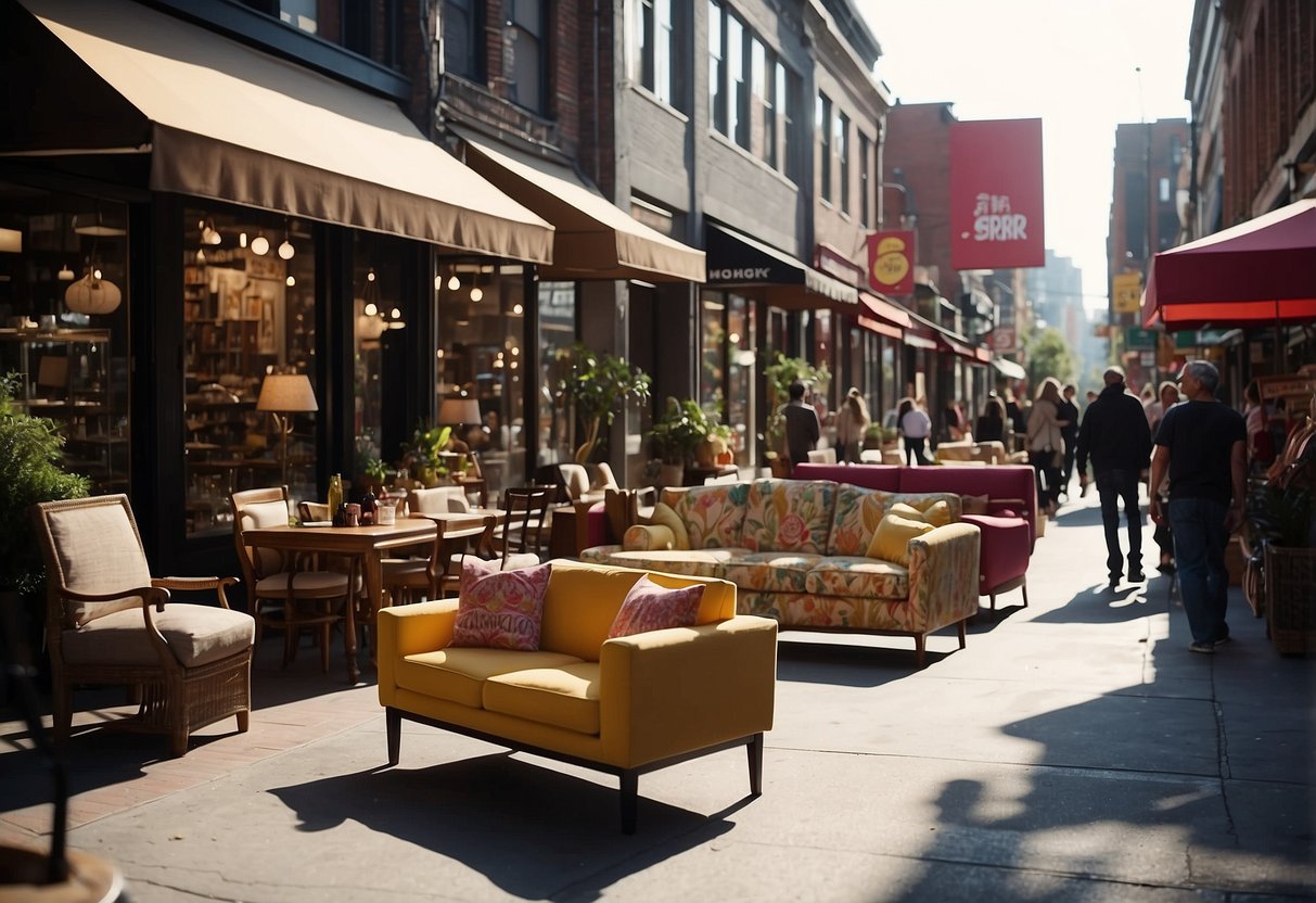 A bustling street lined with unique furniture shops. Customers browse, while delivery trucks unload new pieces. Bright signs and colorful displays catch the eye