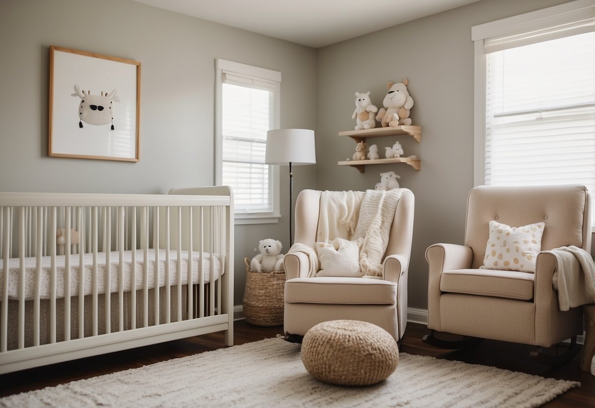 A nursery with a crib, changing table, and rocking chair. Soft, neutral colors and cute animal-themed decor. Bright, natural light fills the room