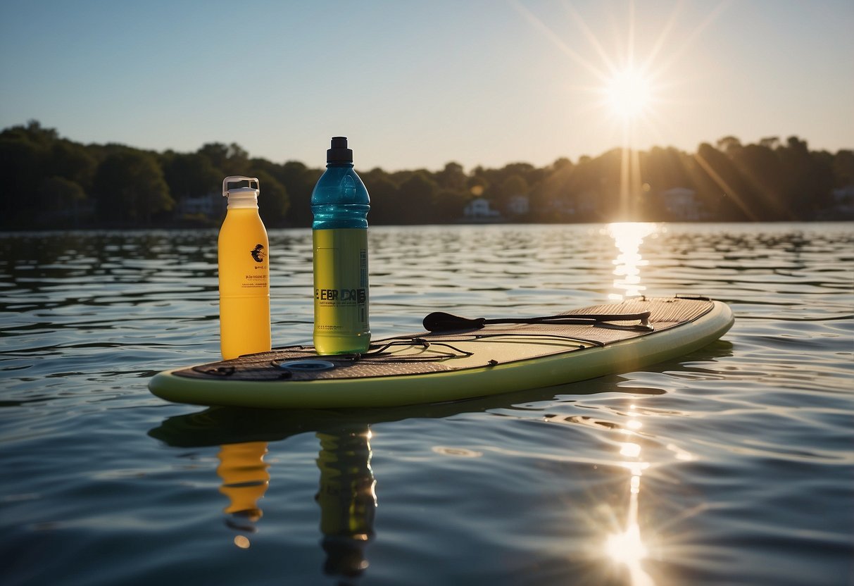 A paddleboard floats on calm, clear water. A waterproof bag sits on the board, holding sunscreen, a water bottle, and a towel. Seagulls fly overhead, and the sun shines down on the peaceful scene