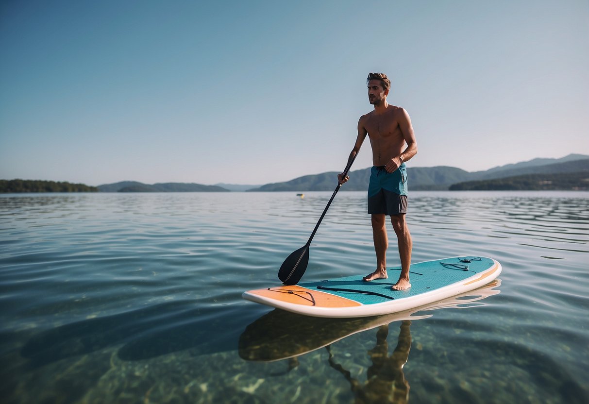 A person in quick-dry clothing stands on a paddleboard, surrounded by calm water and a clear blue sky. They hold a paddle and appear ready for a clean and refreshing paddleboarding trip