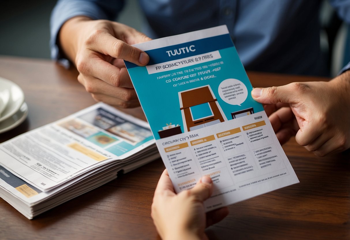 A customer browsing through a pamphlet labeled "Frequently Asked Questions ntuc furniture", with various furniture items and prices listed
