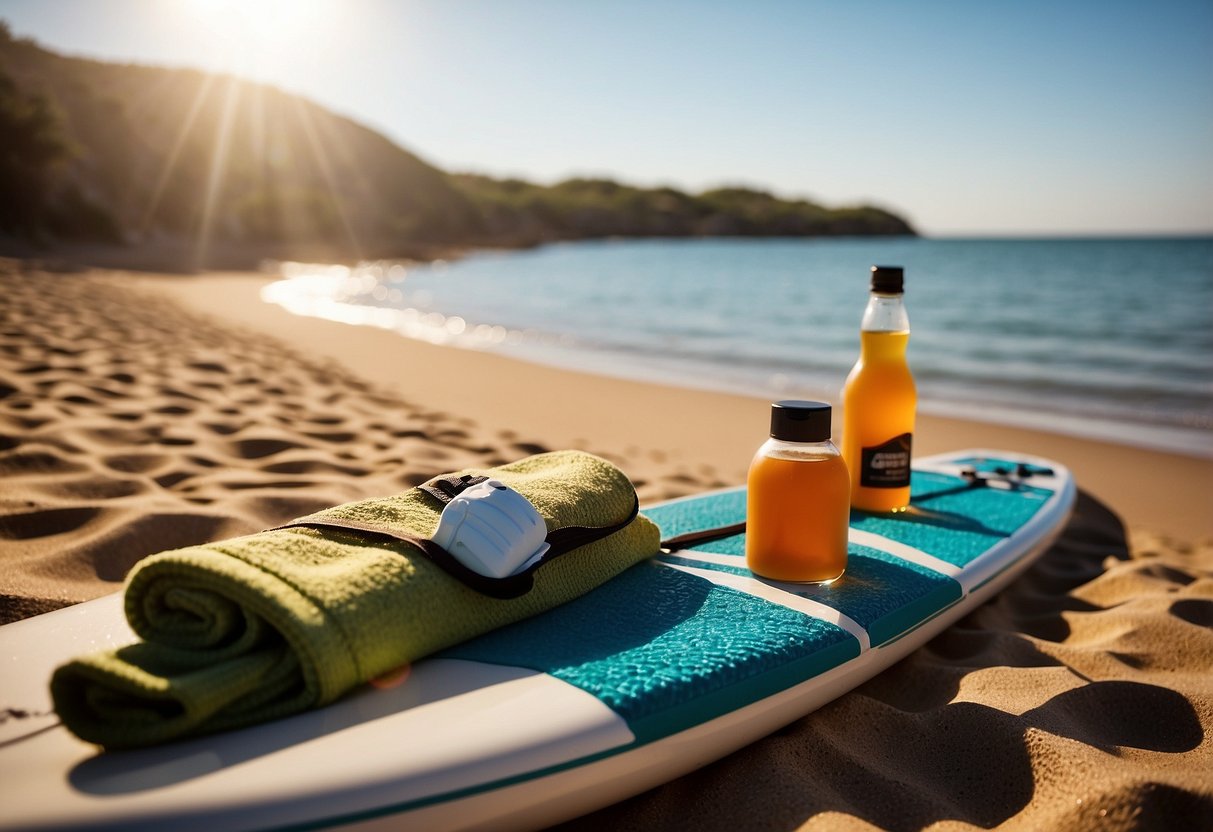 A paddleboard rests on a sandy shore, surrounded by biodegradable soap, a towel, and a water bottle. The sun shines down on the serene scene, hinting at a day of adventure and cleanliness ahead