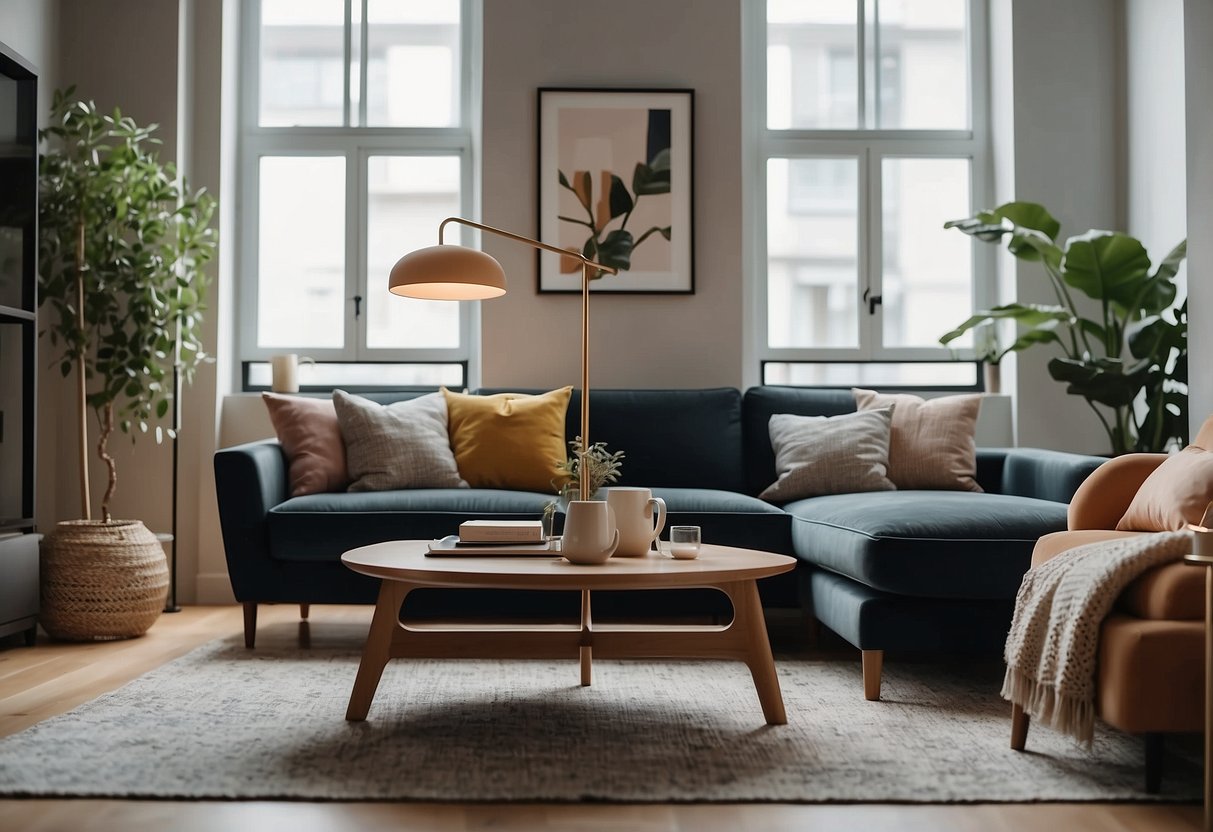 A cozy living room with a modern sofa, coffee table, and floor lamp in Defu Lane furniture store