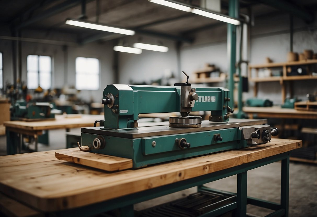 A bustling workshop with sustainable materials and modern machinery crafting sleek, eco-friendly furniture