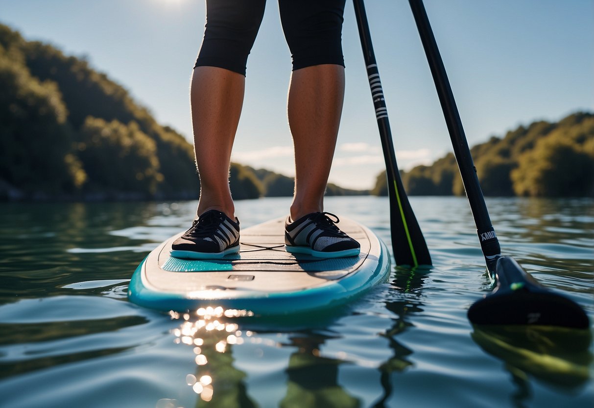 A person stands on a paddleboard wearing non-slip shoes, surrounded by calm water and a clear blue sky. The paddleboard is clean and free of debris, showcasing the importance of proper footwear for a successful trip