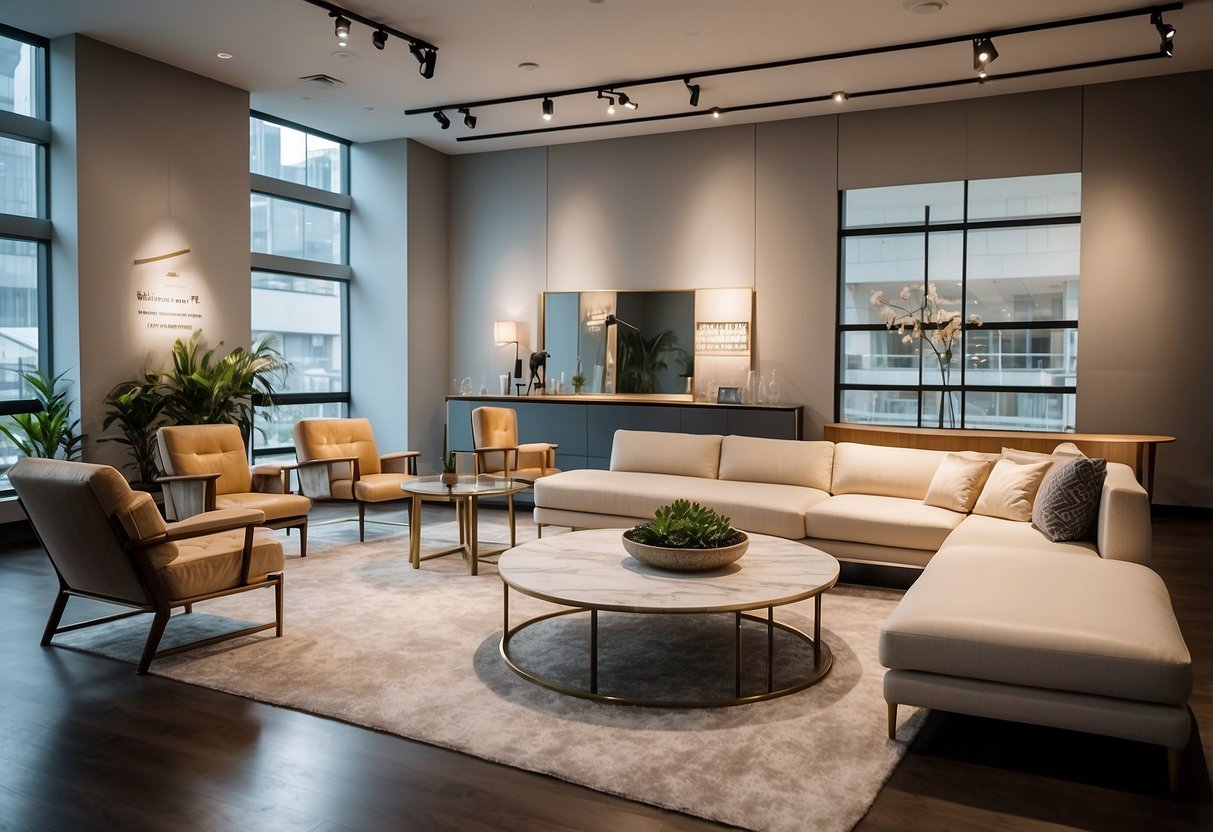 A spacious showroom filled with modern and elegant furniture from Kim Leng. Bright lighting illuminates the stylish and functional pieces, creating a welcoming atmosphere