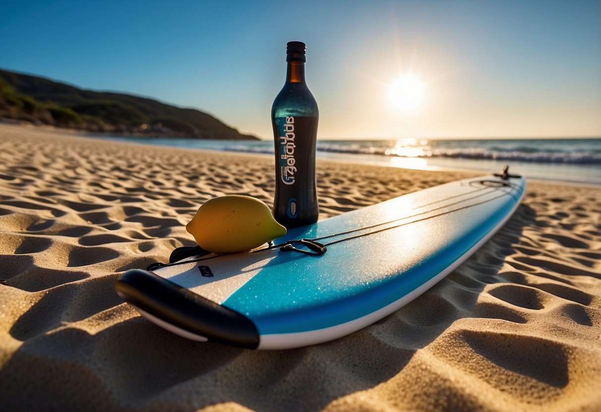 A paddleboard lies on a sandy beach, with a bottle of waterproof sunscreen next to it. The sun shines brightly overhead, and the clear blue water glistens in the background