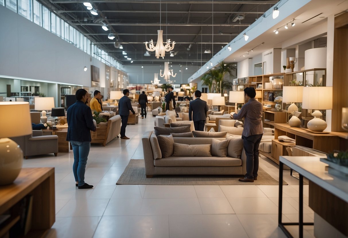 Customers browse furniture in Defu Lane stores. Brightly lit showrooms display a variety of modern and traditional pieces. Staff assist shoppers
