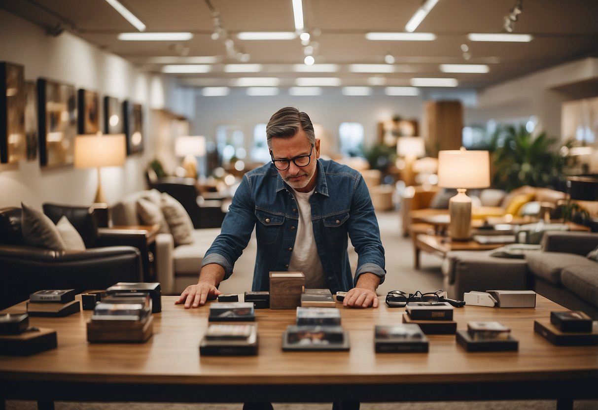 A customer browsing through a showroom filled with various furniture pieces, with signs and displays indicating "Frequently Asked Questions" about each item