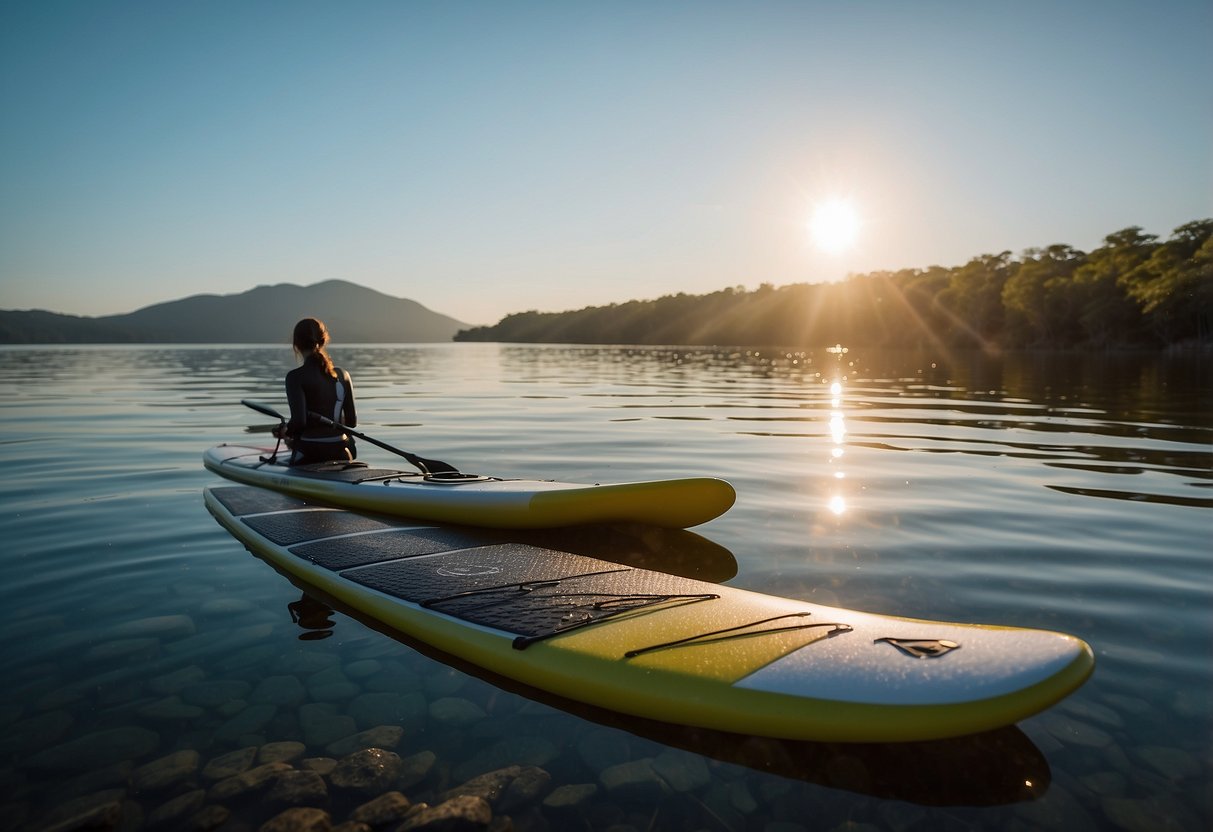 A paddleboard floats on calm water, surrounded by pristine nature. The board is equipped with a storage bag for keeping personal items clean and dry. A paddle rests across the board, ready for use