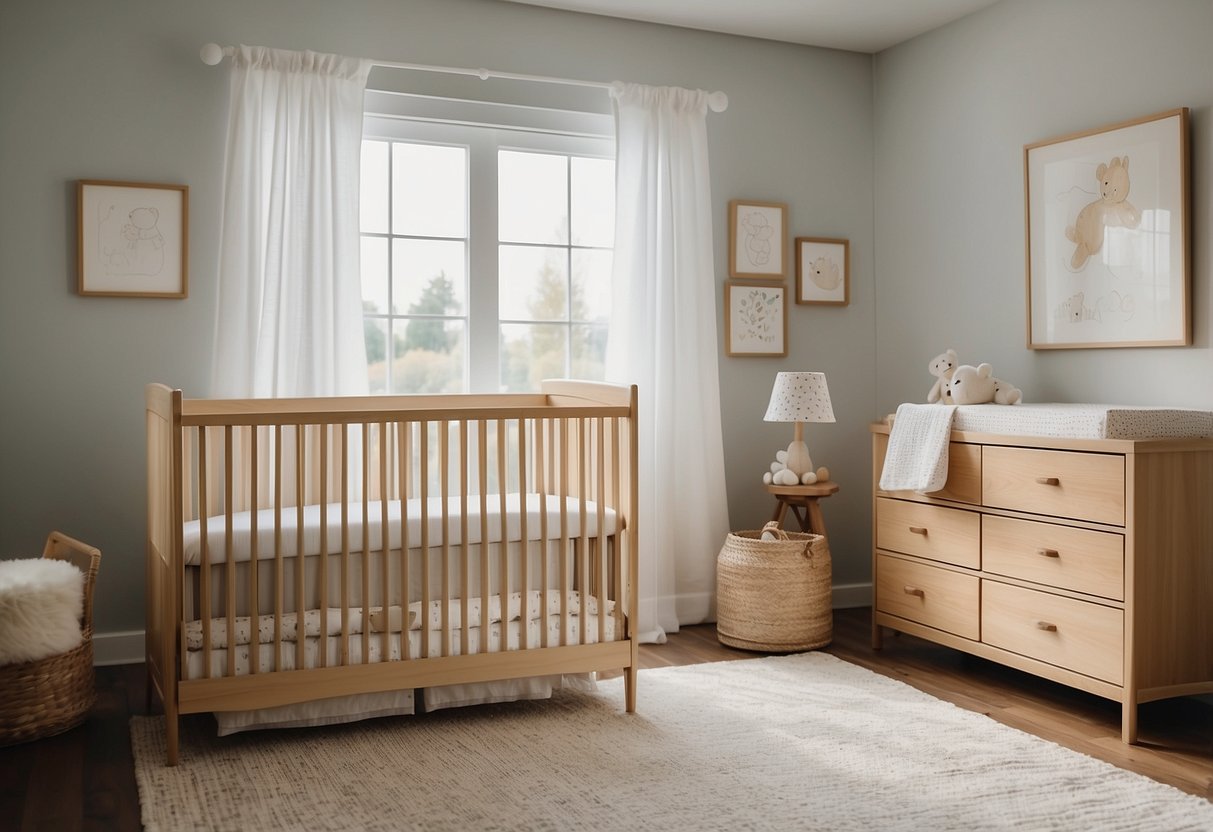 A nursery room with a crib, changing table, and dresser. A stack of FAQ sheets on the furniture. Bright, gender-neutral colors