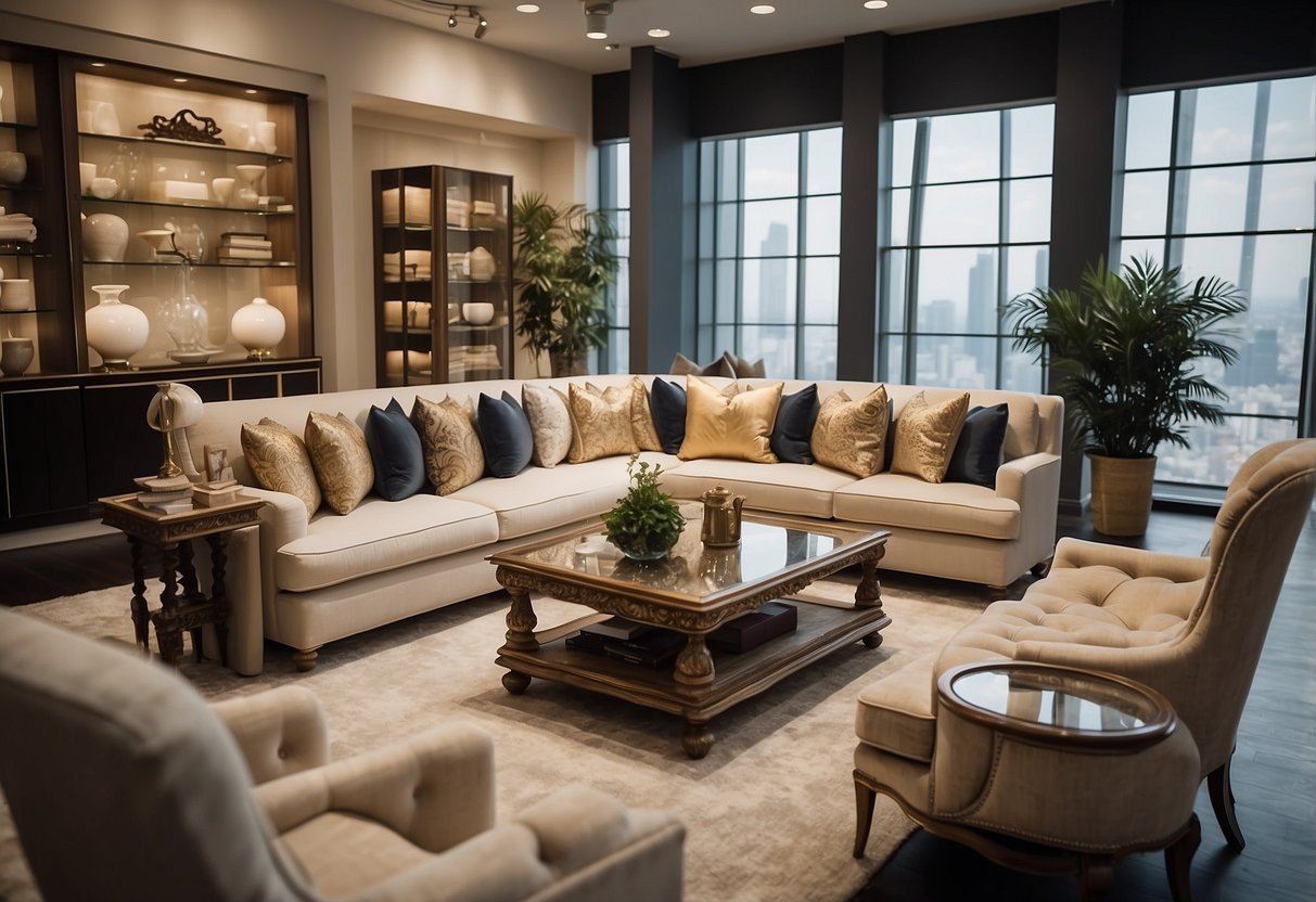 A showroom filled with elegant furniture and home decor, showcasing the wide range of products and services offered by Kim Leng Furniture